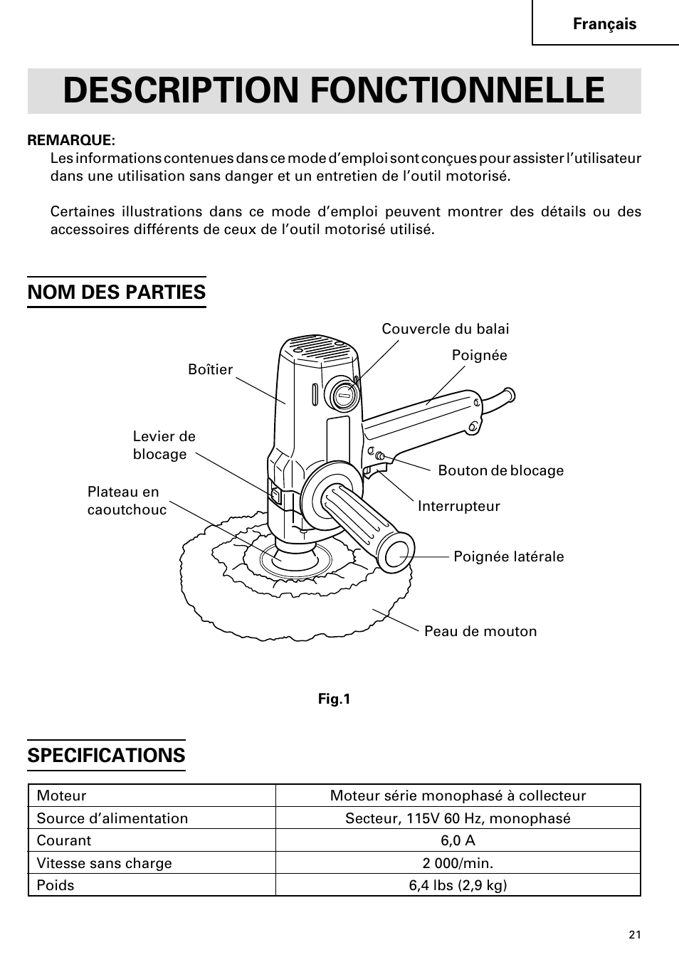 Description fonctionnelle, Nom des parties, Specifications | Hitachi SP 18SA User Manual | Page 21 / 40