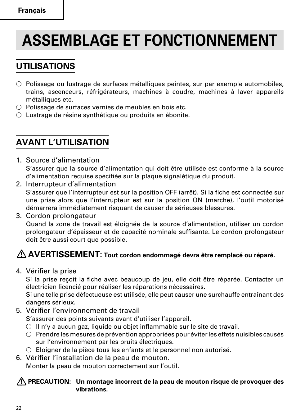Assemblage et fonctionnement, Utilisations, Avant l’utilisation | Avertissement | Hitachi SP 18SA User Manual | Page 22 / 40