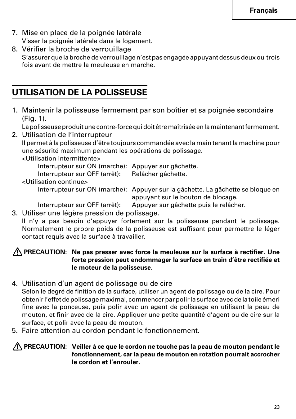 Utilisation de la polisseuse | Hitachi SP 18SA User Manual | Page 23 / 40