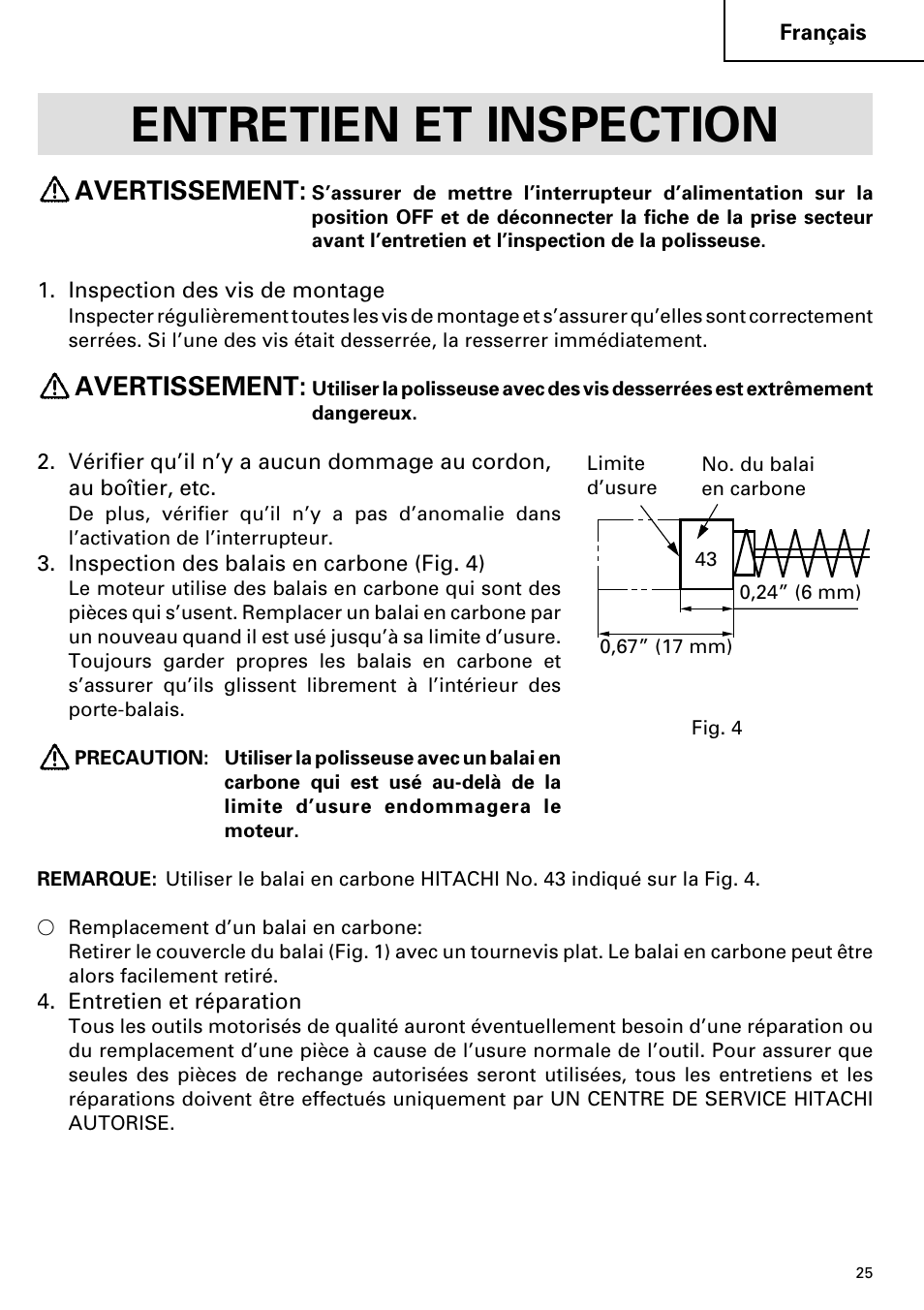 Entretien et inspection, Avertissement | Hitachi SP 18SA User Manual | Page 25 / 40