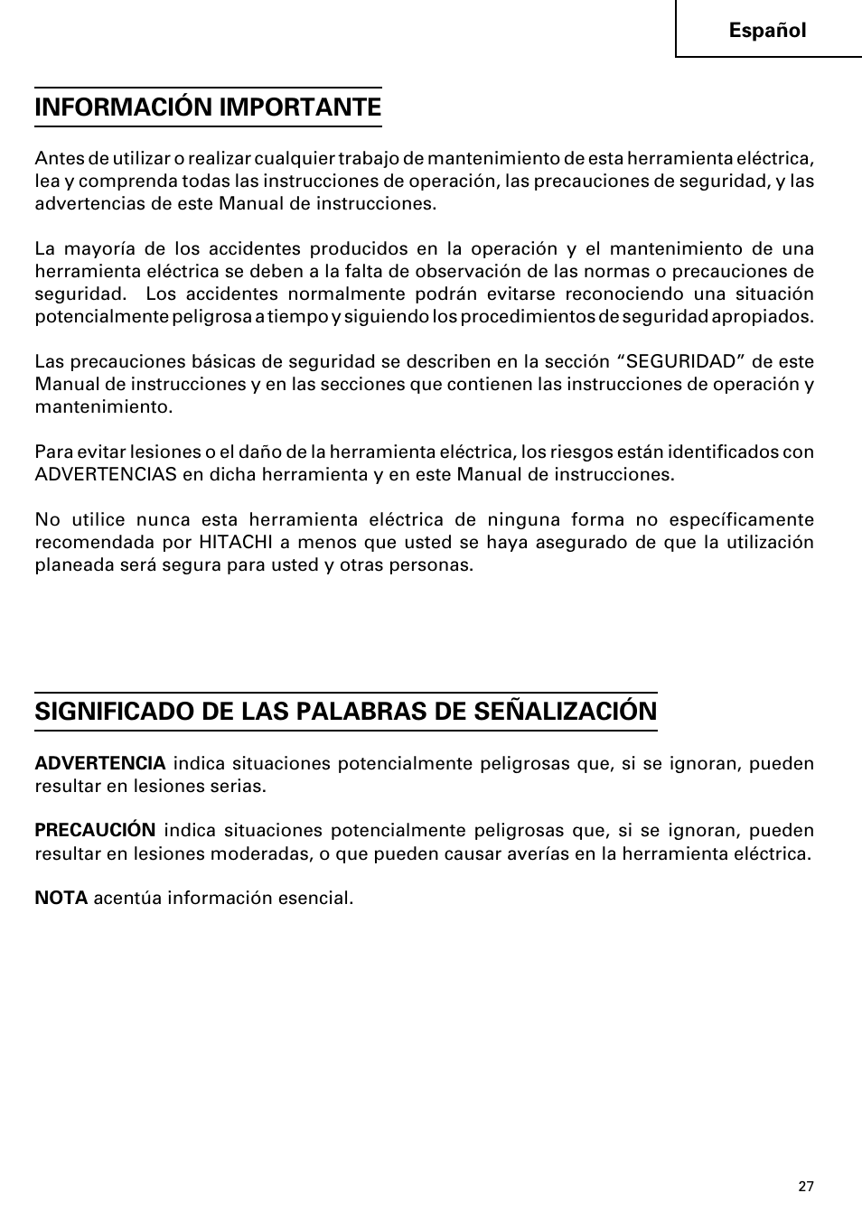 Información importante, Significado de las palabras de señalización | Hitachi SP 18SA User Manual | Page 27 / 40