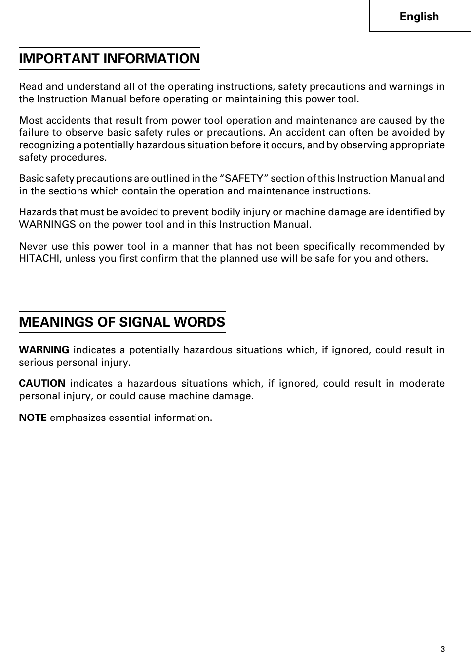 Important information, Meanings of signal words | Hitachi SP 18SA User Manual | Page 3 / 40