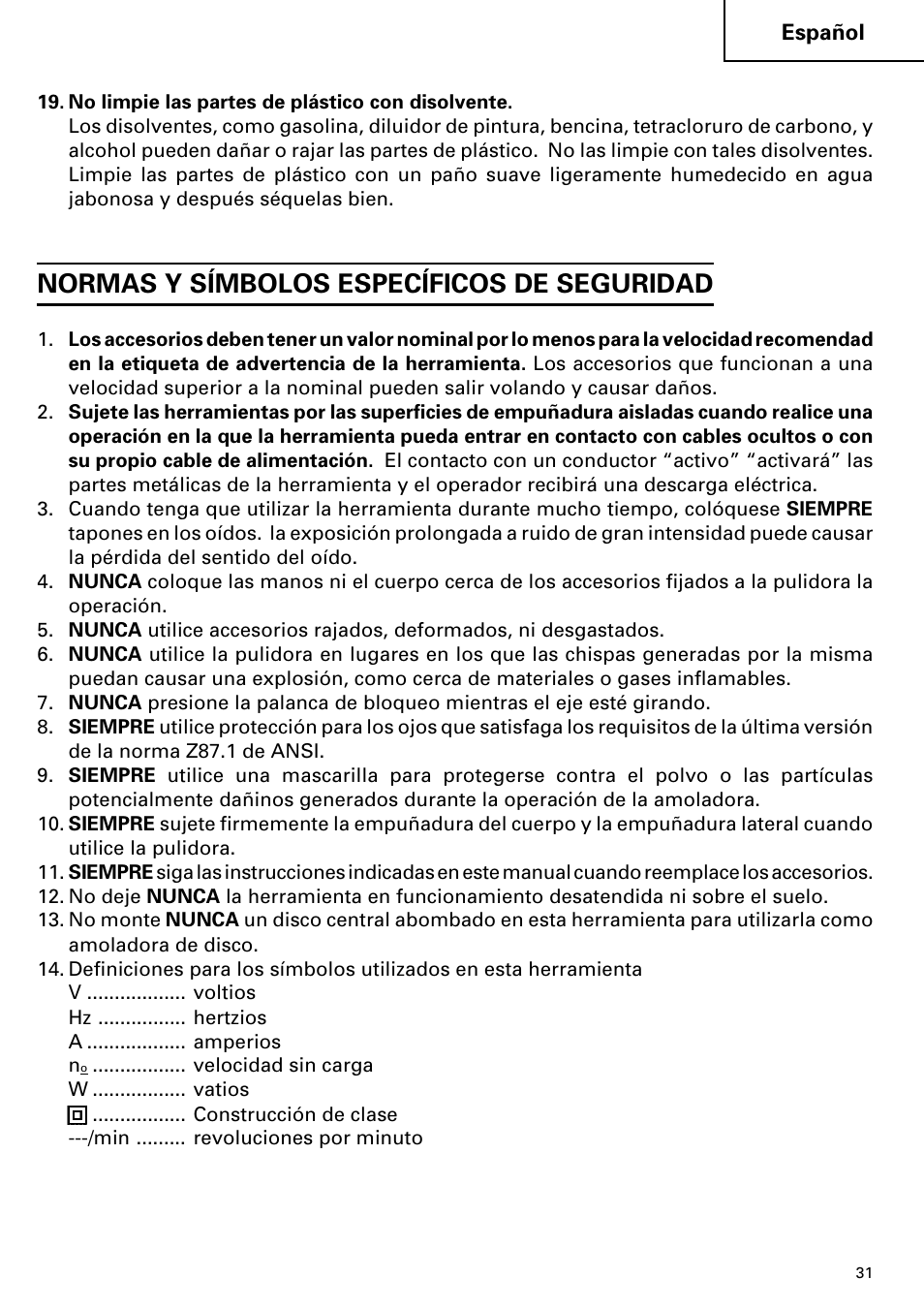 Normas y símbolos específicos de seguridad | Hitachi SP 18SA User Manual | Page 31 / 40
