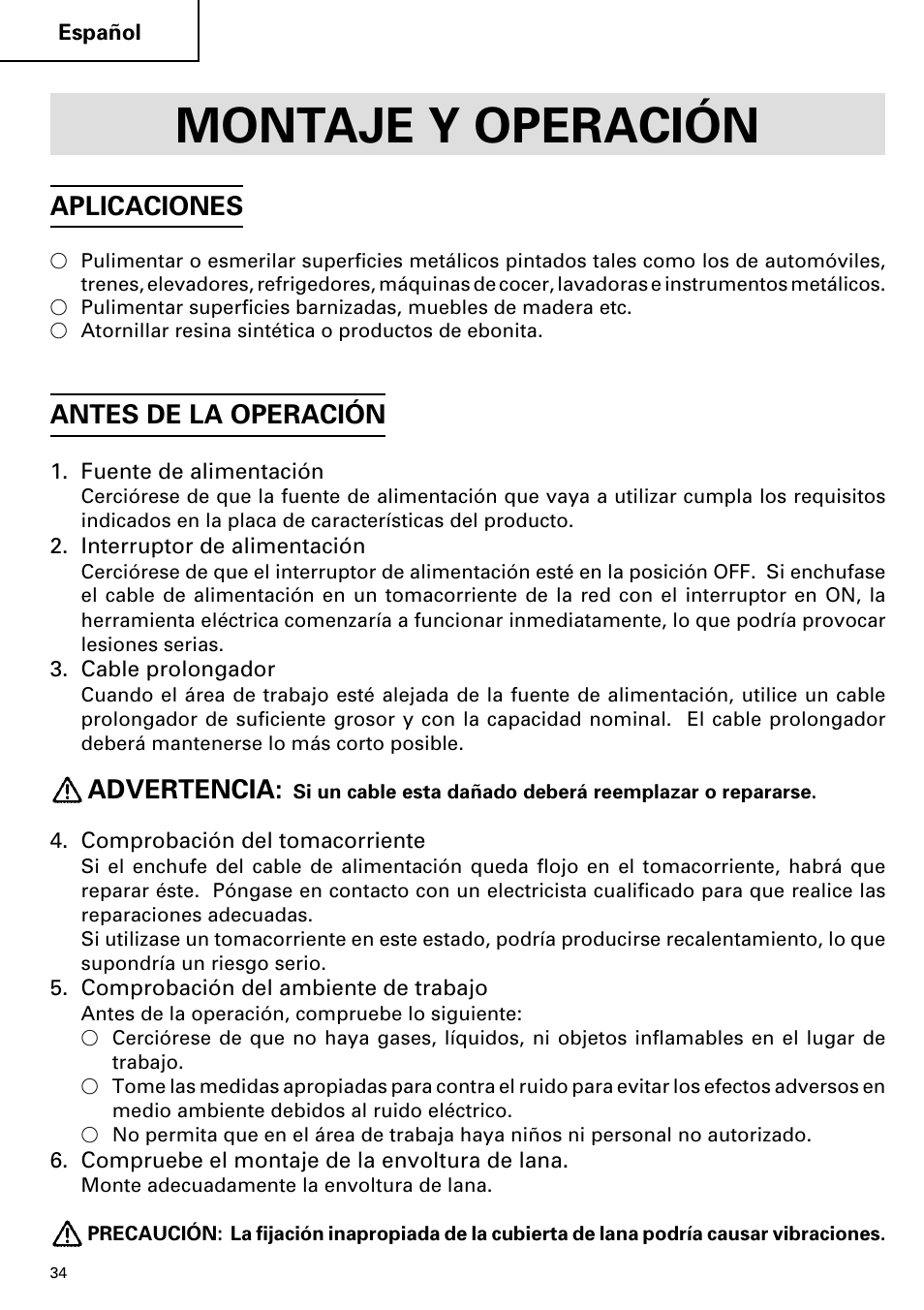 Montaje y operación, Aplicaciones, Antes de la operación | Advertencia | Hitachi SP 18SA User Manual | Page 34 / 40