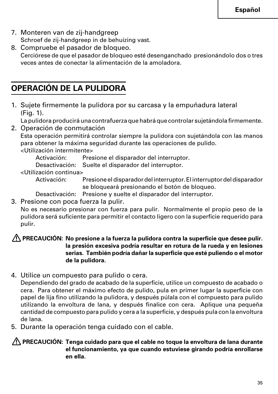 Operación de la pulidora | Hitachi SP 18SA User Manual | Page 35 / 40