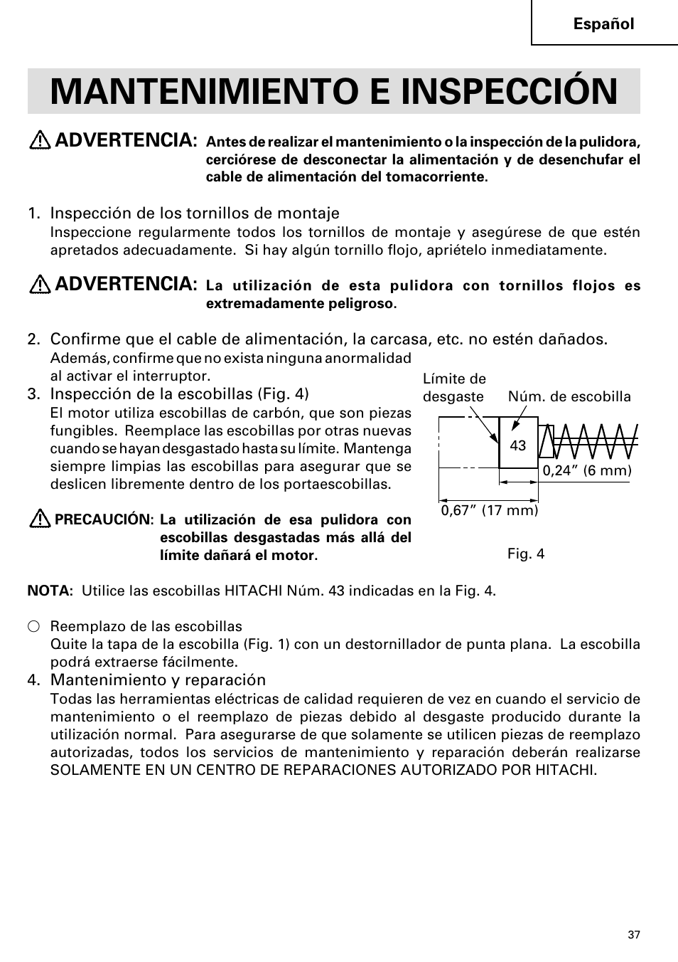 Mantenimiento e inspección, Advertencia | Hitachi SP 18SA User Manual | Page 37 / 40