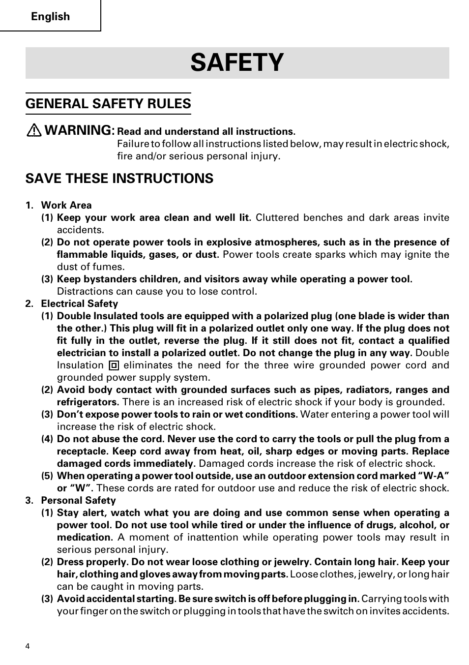 Safety, General safety rules warning, Save these instructions | Hitachi SP 18SA User Manual | Page 4 / 40