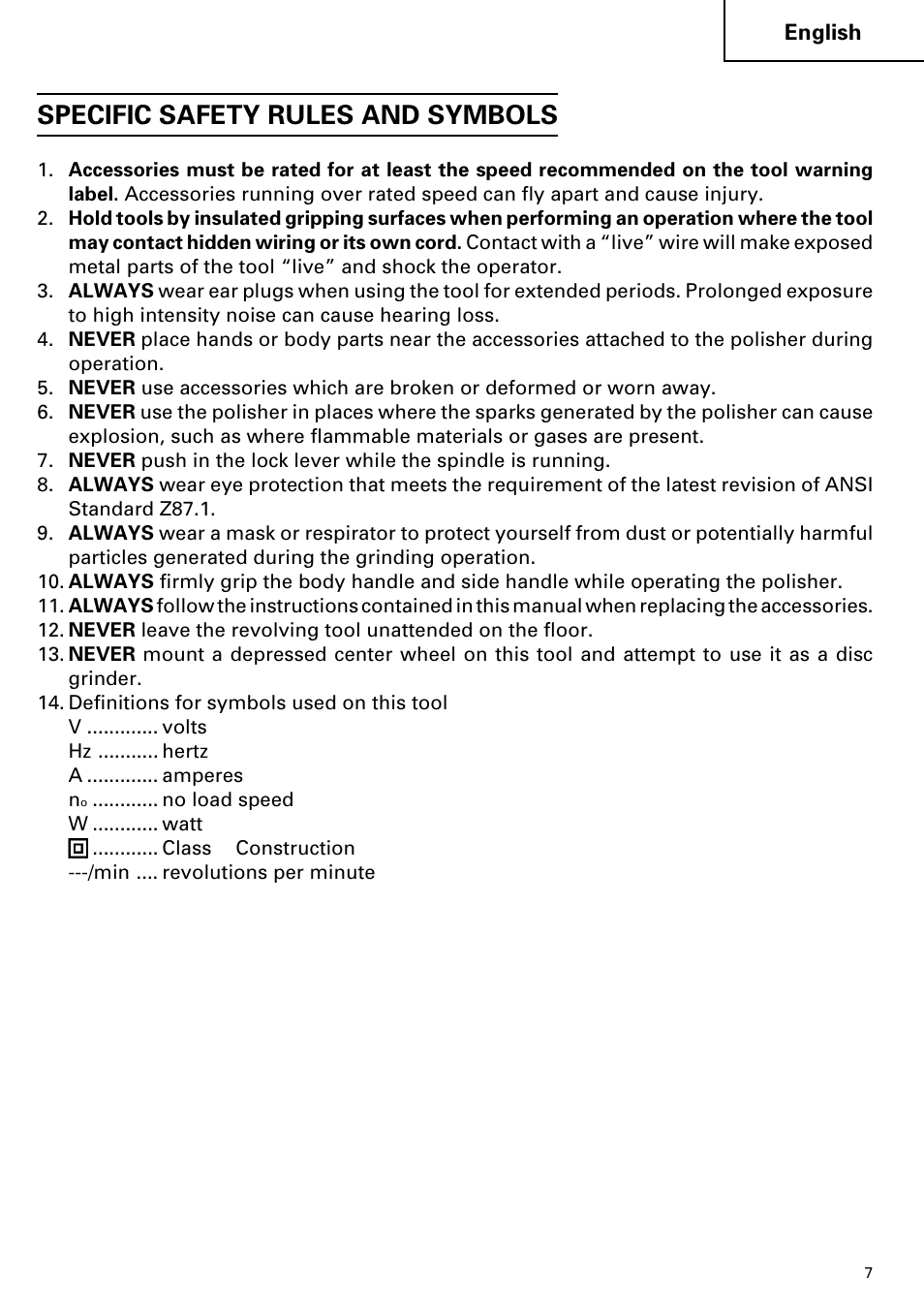 Specific safety rules and symbols | Hitachi SP 18SA User Manual | Page 7 / 40