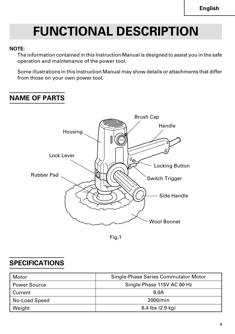 Functional description, Name of parts, Specifications | Hitachi SP 18SA User Manual | Page 9 / 40