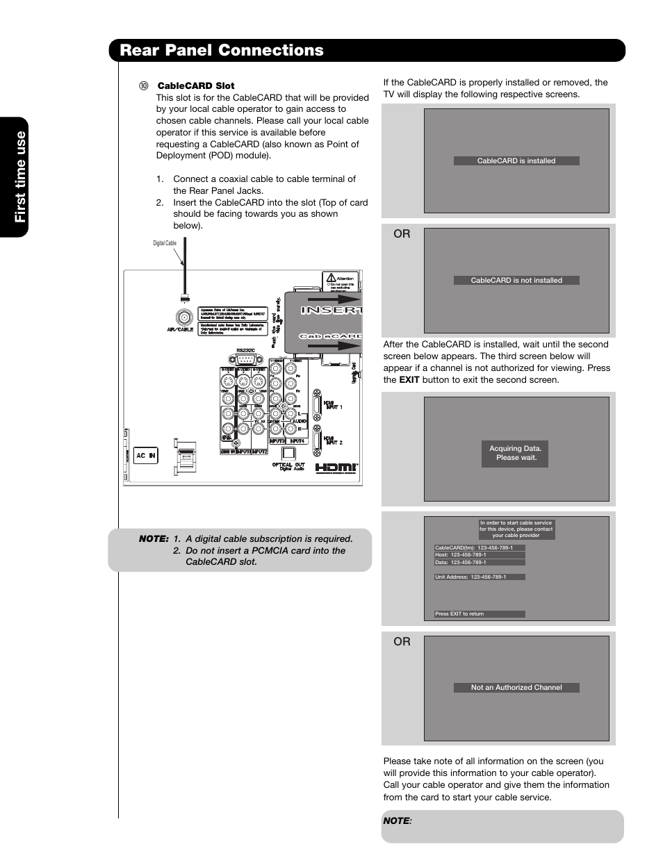 Rear panel connections, First time use | Hitachi 55HDS69 User Manual | Page 14 / 80