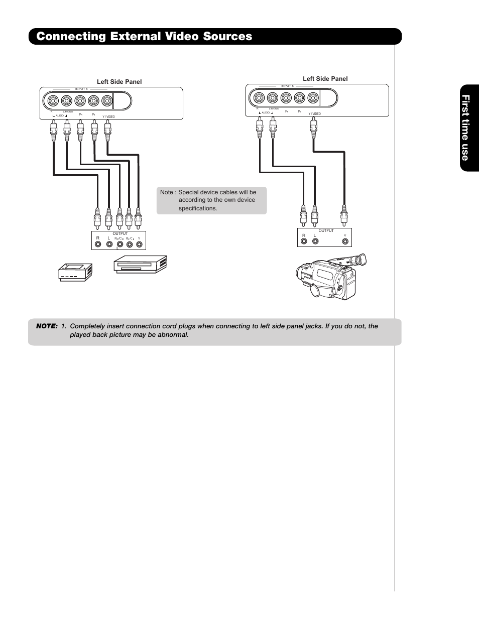 Connecting external video sources, First time use | Hitachi 55HDS69 User Manual | Page 15 / 80