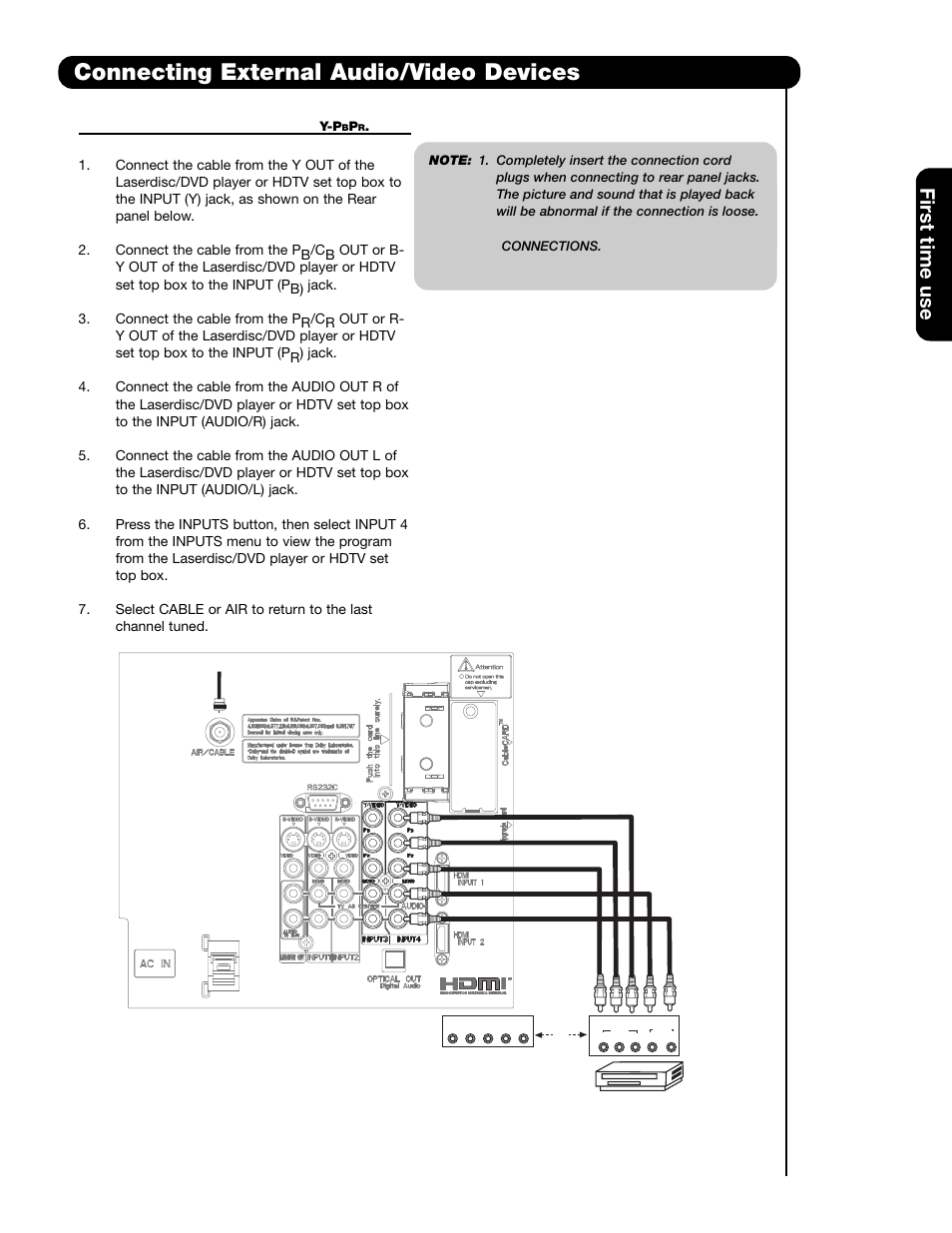 Connecting external audio/video devices, First time use | Hitachi 55HDS69 User Manual | Page 21 / 80