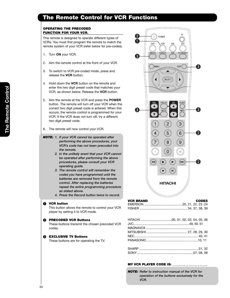 The remote control for vcr functions, The remote contr ol | Hitachi 55HDS69 User Manual | Page 34 / 80