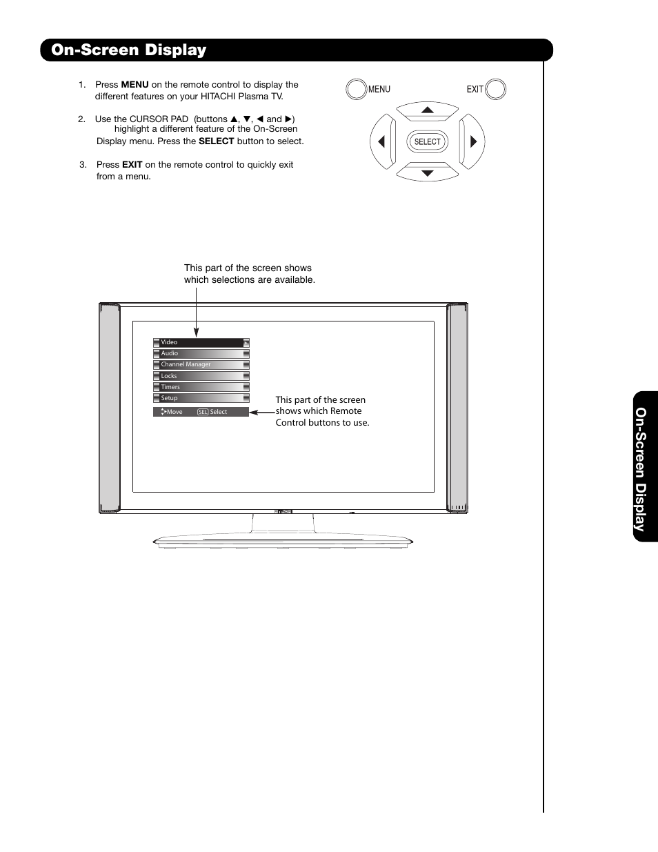 On-screen display, On-scr een display | Hitachi 55HDS69 User Manual | Page 35 / 80