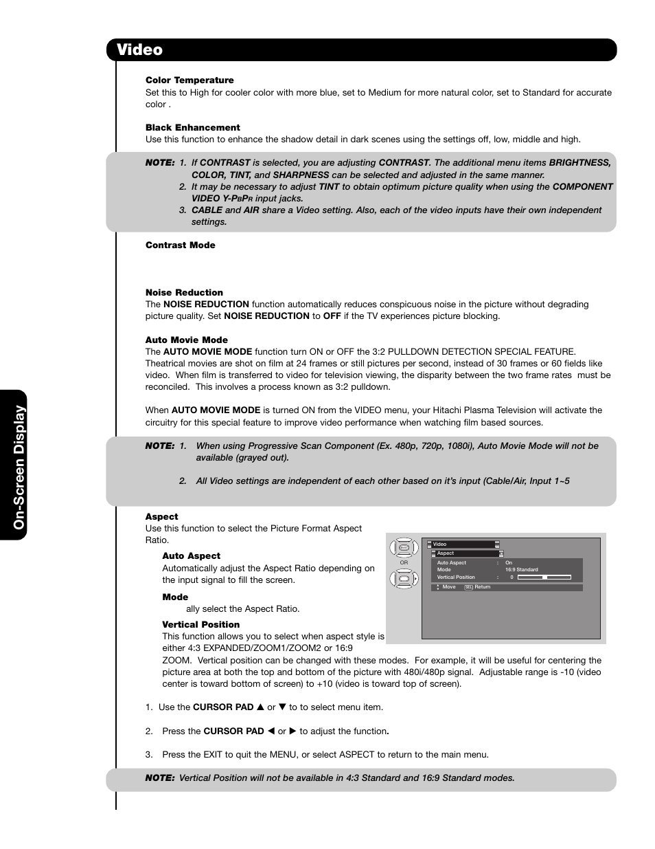 Video, On-scr een display | Hitachi 55HDS69 User Manual | Page 38 / 80