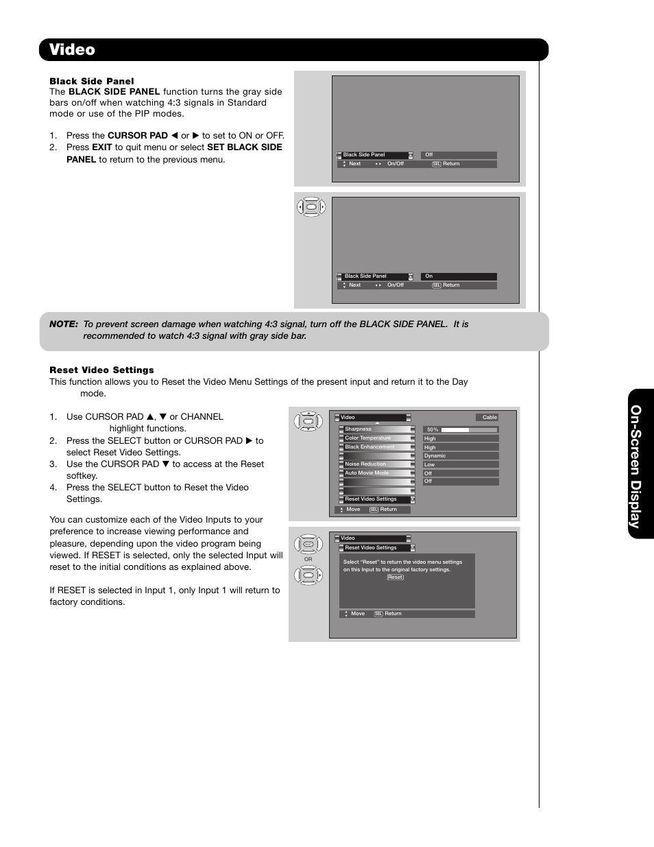 Video, On-scr een display | Hitachi 55HDS69 User Manual | Page 39 / 80