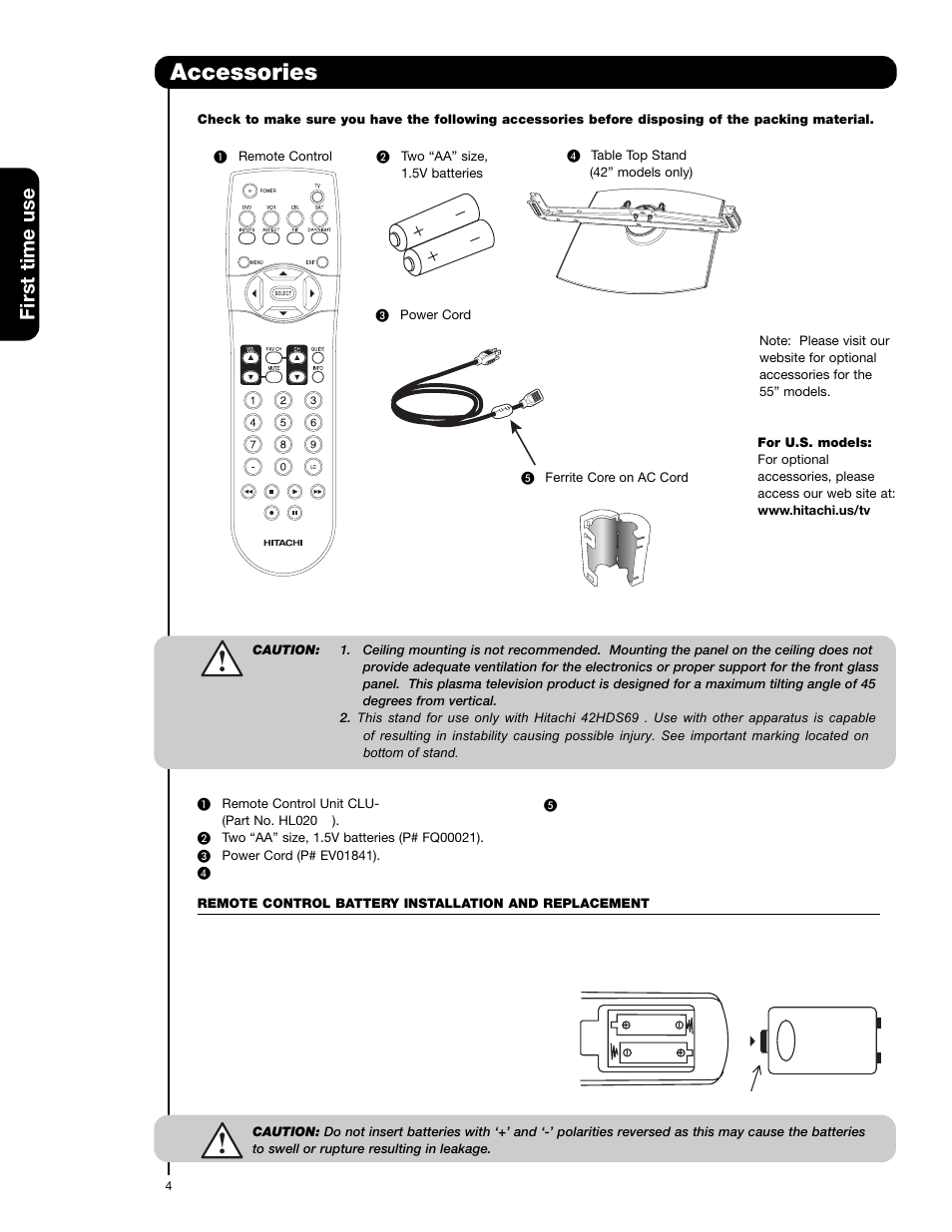 Accessories, First time use | Hitachi 55HDS69 User Manual | Page 4 / 80