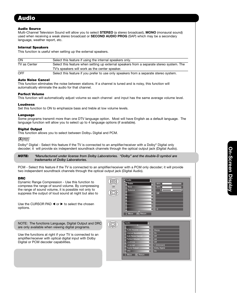 Audio, On-scr een display | Hitachi 55HDS69 User Manual | Page 41 / 80