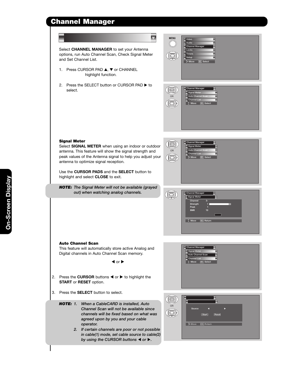 Channel manager, On-scr een display | Hitachi 55HDS69 User Manual | Page 42 / 80