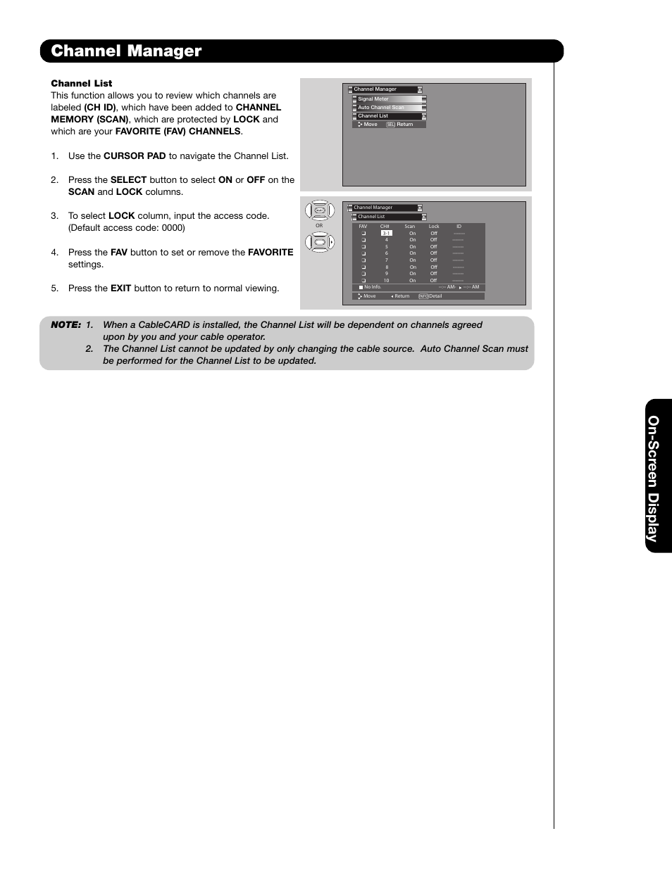 Channel manager, On-scr een display | Hitachi 55HDS69 User Manual | Page 43 / 80