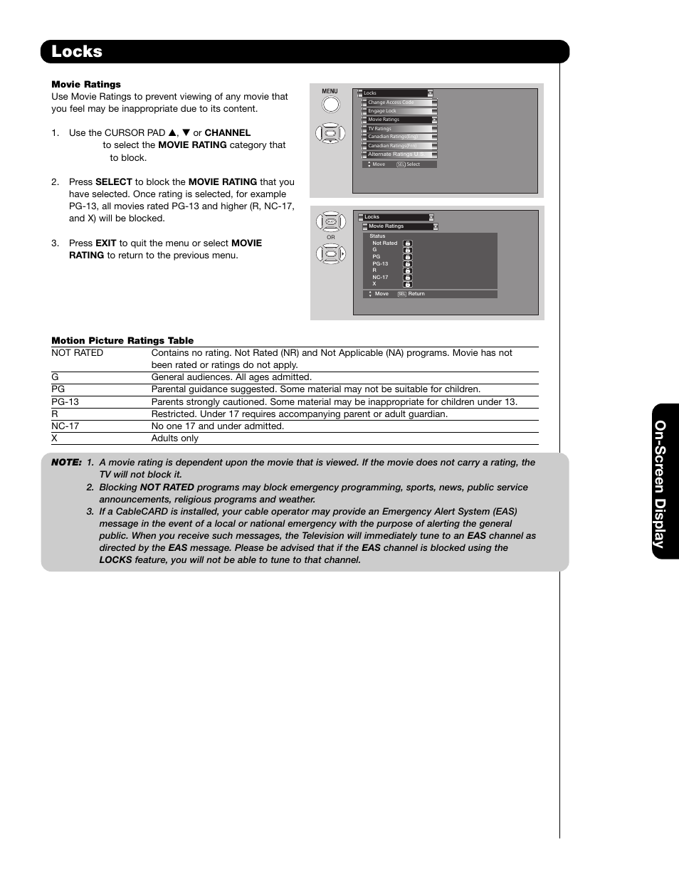 Locks, On-scr een display | Hitachi 55HDS69 User Manual | Page 45 / 80