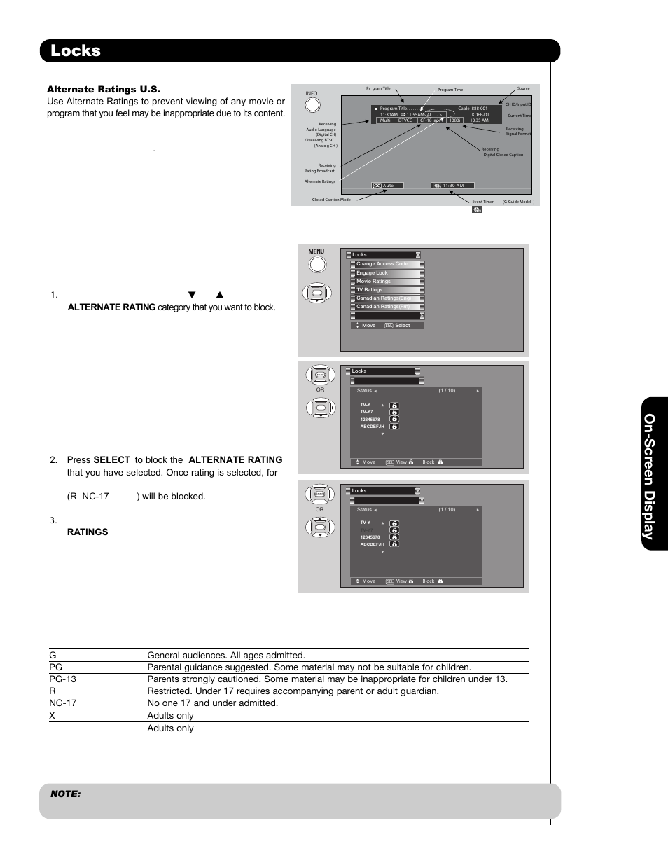 Locks, On-scr een display, Alternate ratings (example only) | Y adults only | Hitachi 55HDS69 User Manual | Page 49 / 80