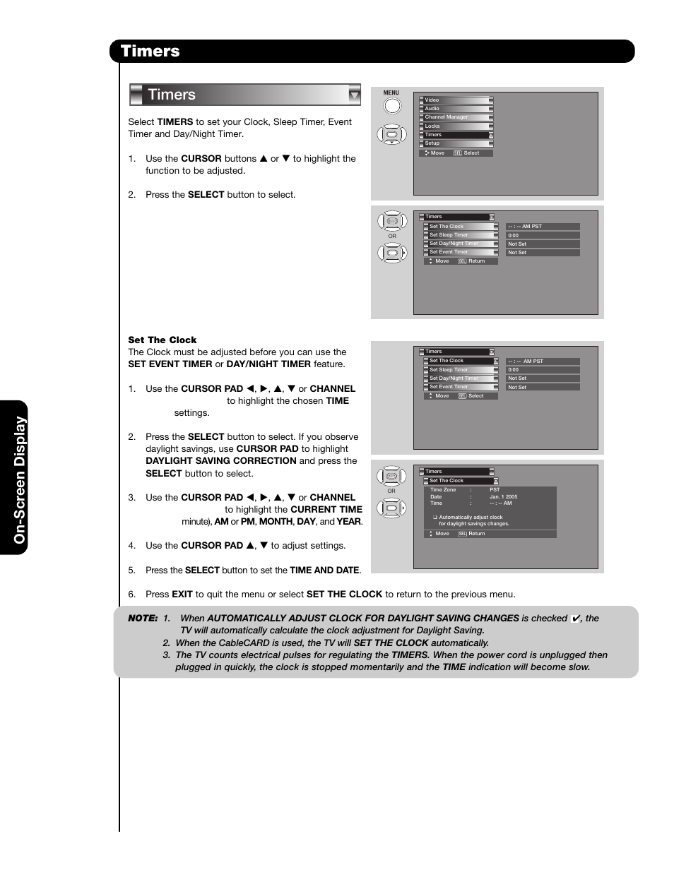 Timers, On-scr een display | Hitachi 55HDS69 User Manual | Page 50 / 80