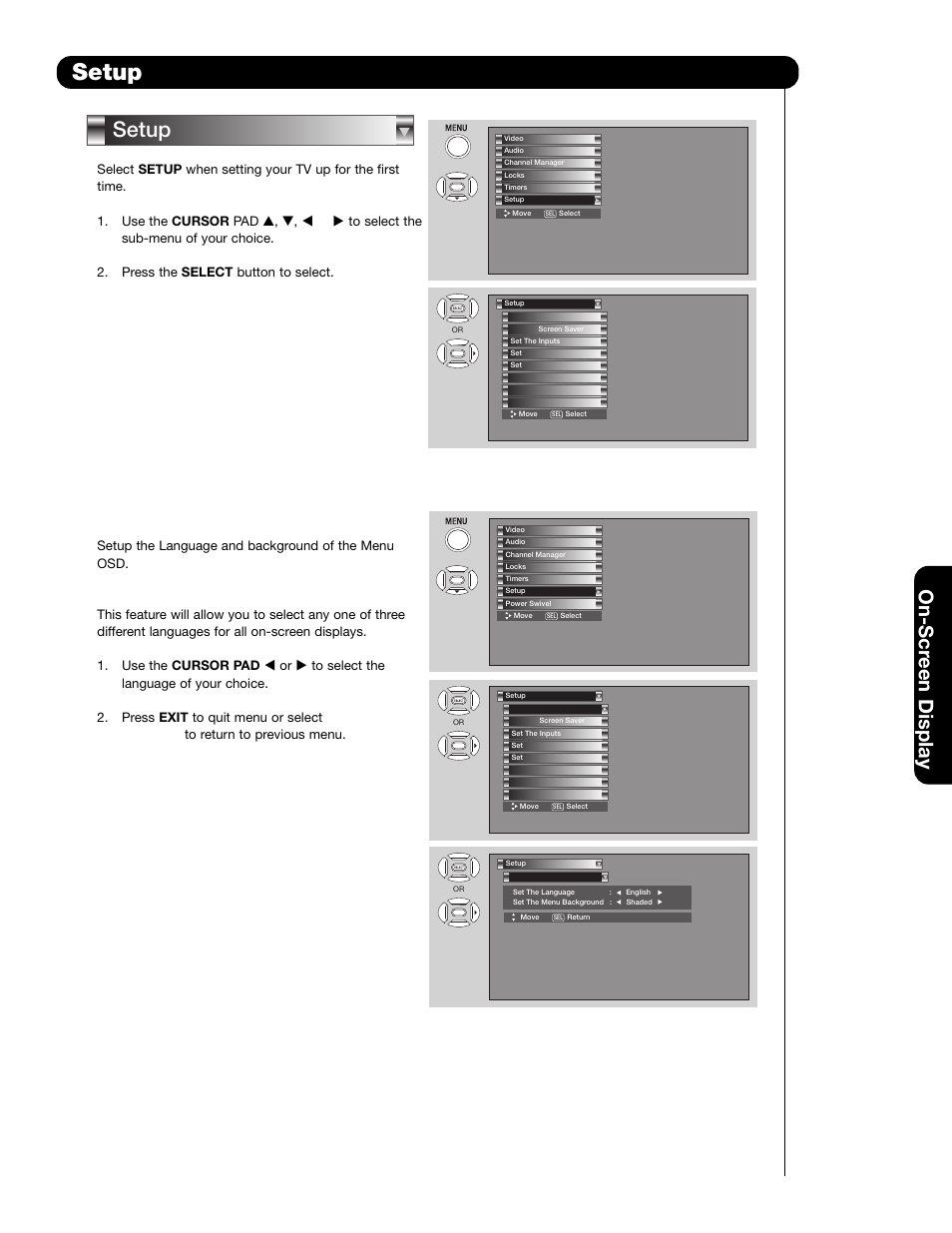 Setup, On-scr een display | Hitachi 55HDS69 User Manual | Page 53 / 80