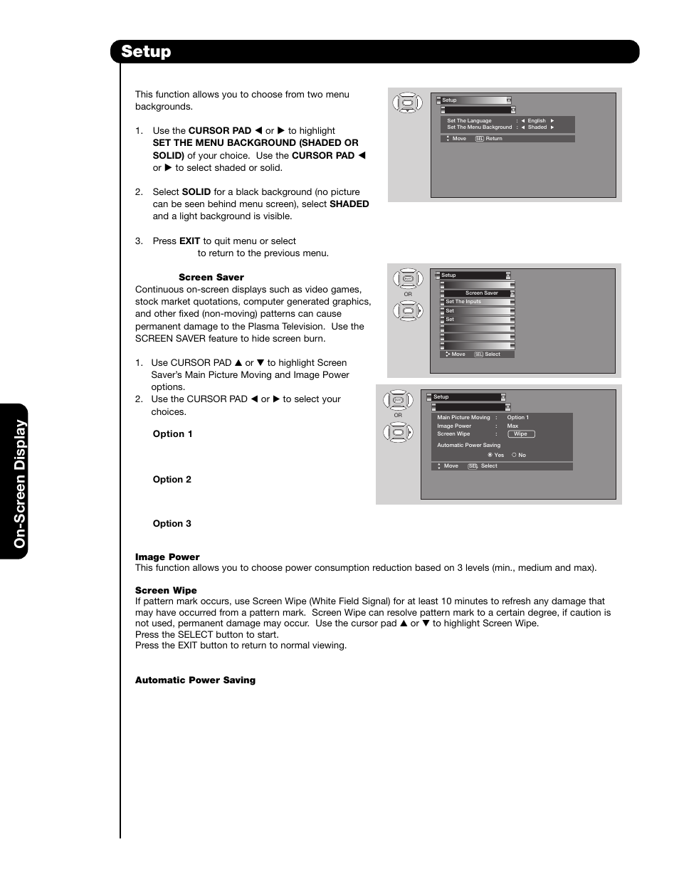 Setup, On-scr een display | Hitachi 55HDS69 User Manual | Page 54 / 80