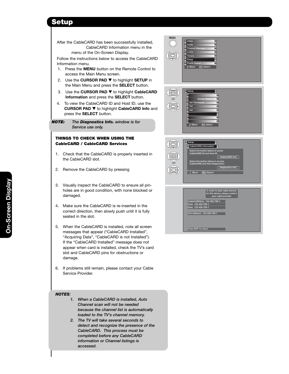 Setup, On-scr een display | Hitachi 55HDS69 User Manual | Page 58 / 80