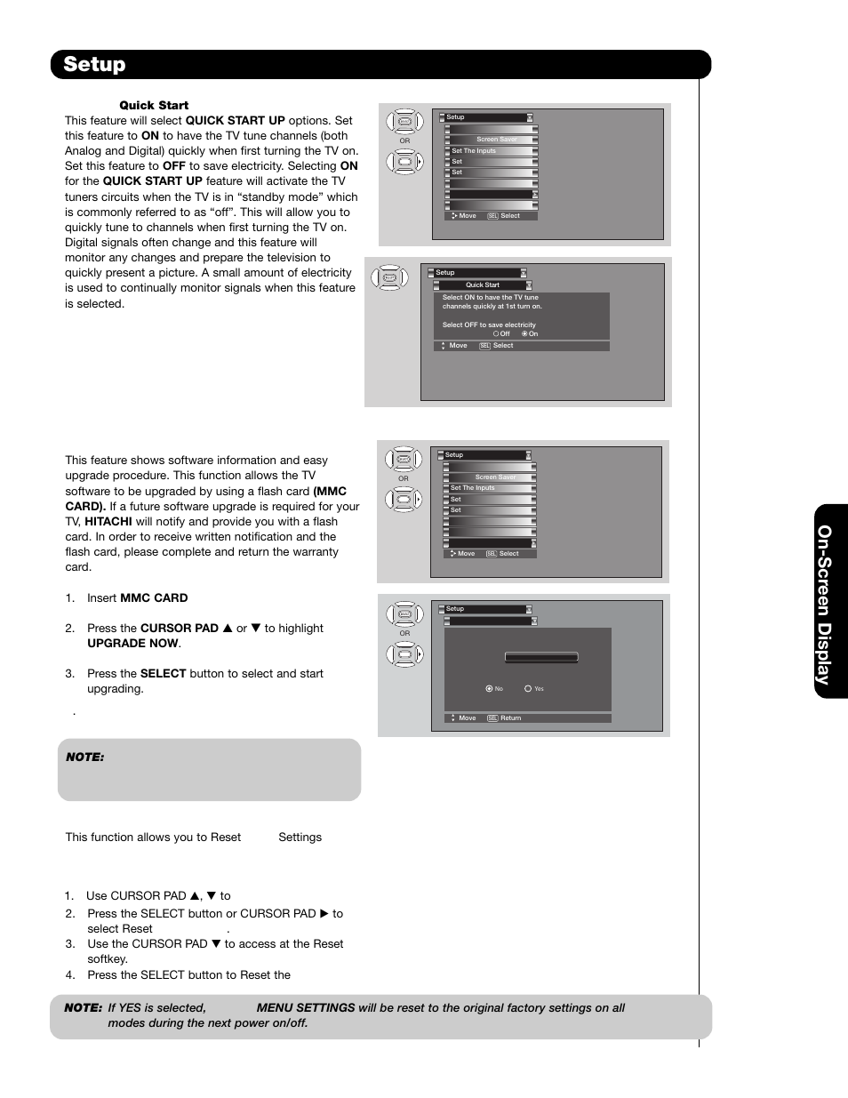 Setup, On-scr een display | Hitachi 55HDS69 User Manual | Page 59 / 80