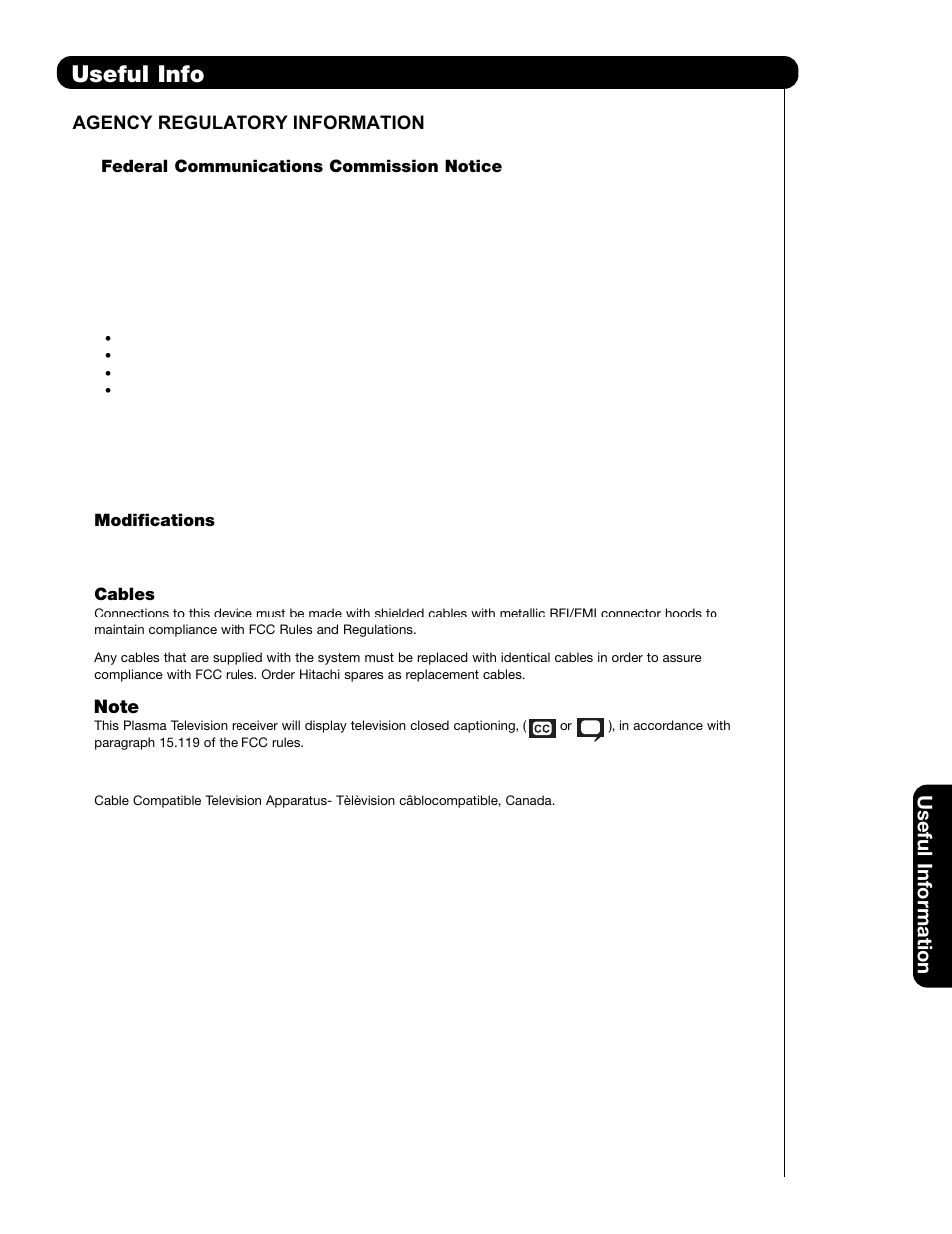 Useful info, Useful information, Agency regulatory information | Hitachi 55HDS69 User Manual | Page 63 / 80