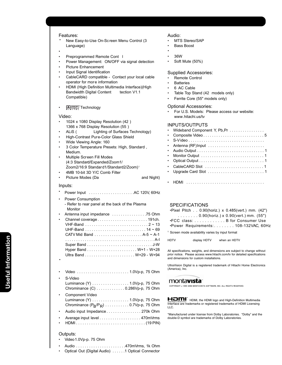 Features and specifications, Useful information | Hitachi 55HDS69 User Manual | Page 64 / 80