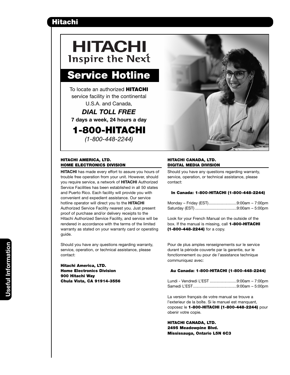 Service hotline, 800-hitachi, Hitachi | Dial toll free, Useful information | Hitachi 55HDS69 User Manual | Page 66 / 80