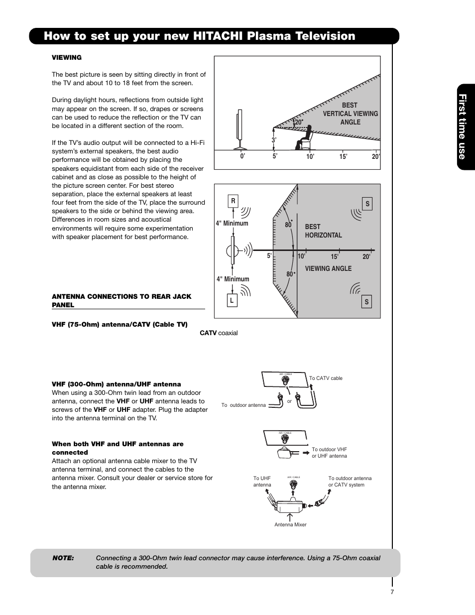 How to set up your new hitachi plasma television, First time use | Hitachi 55HDS69 User Manual | Page 7 / 80