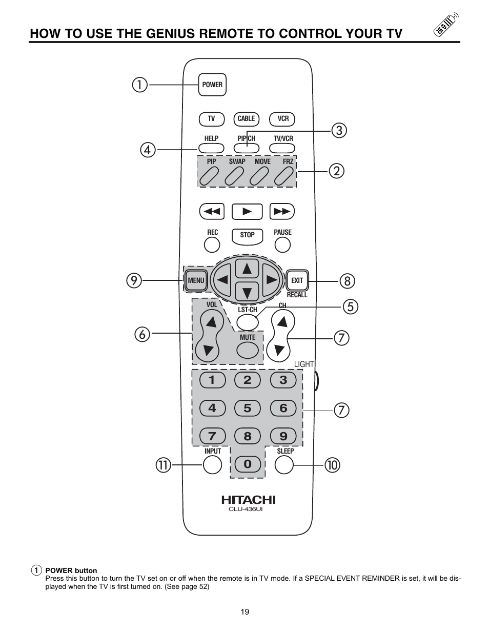 How to use the genius remote to control your tv | Hitachi EX Series 60EX01B User Manual | Page 19 / 60