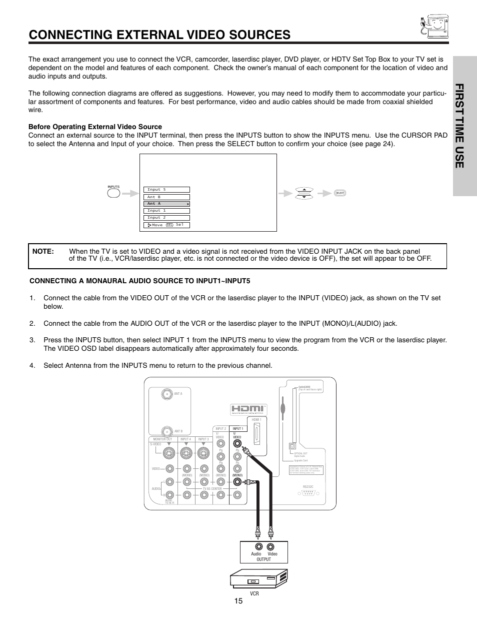 Connecting external video sources, First time use | Hitachi 57F710 User Manual | Page 15 / 80