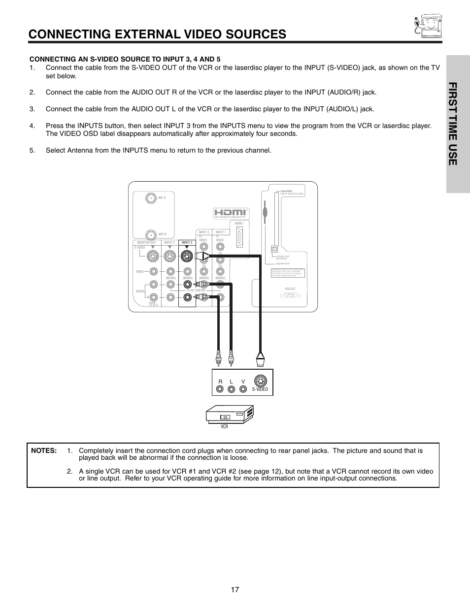 Connecting external video sources, First time use | Hitachi 57F710 User Manual | Page 17 / 80