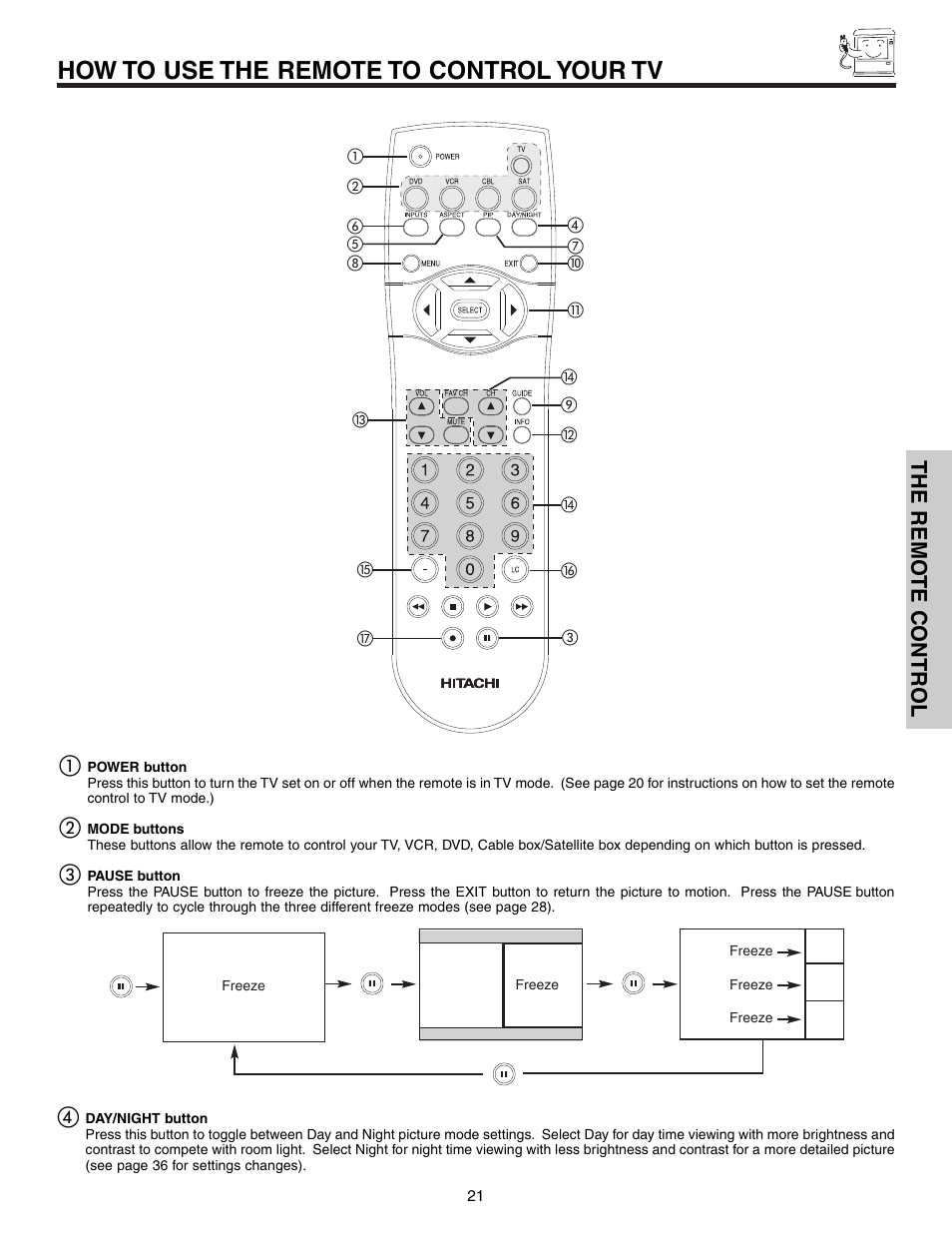 How to use the remote to control your tv, The remo te contr ol ቢ | Hitachi 57F710 User Manual | Page 21 / 80