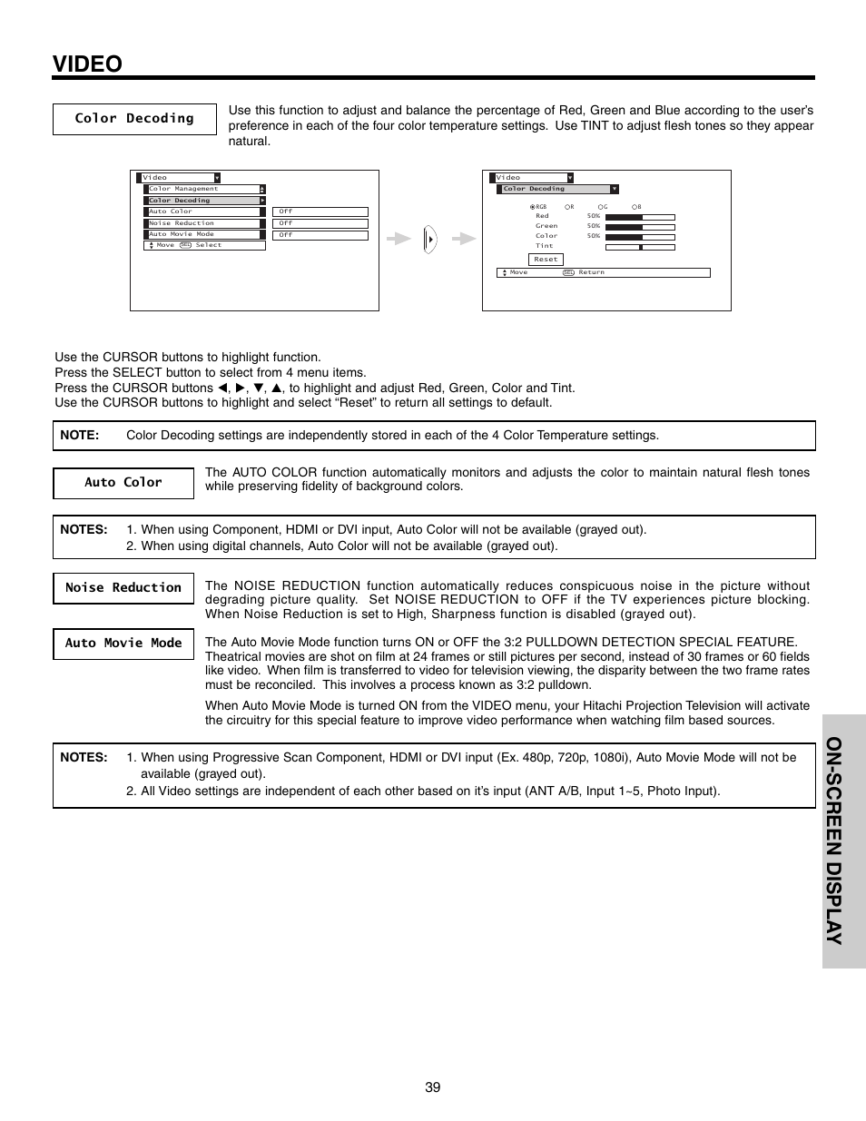 Video, On-screen displa y | Hitachi 57F710 User Manual | Page 39 / 80