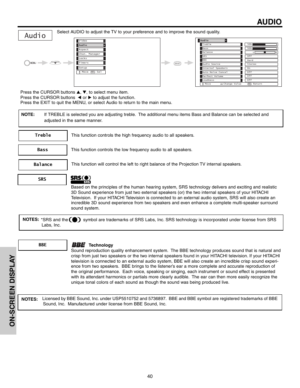 Audio, On-screen displa y | Hitachi 57F710 User Manual | Page 40 / 80