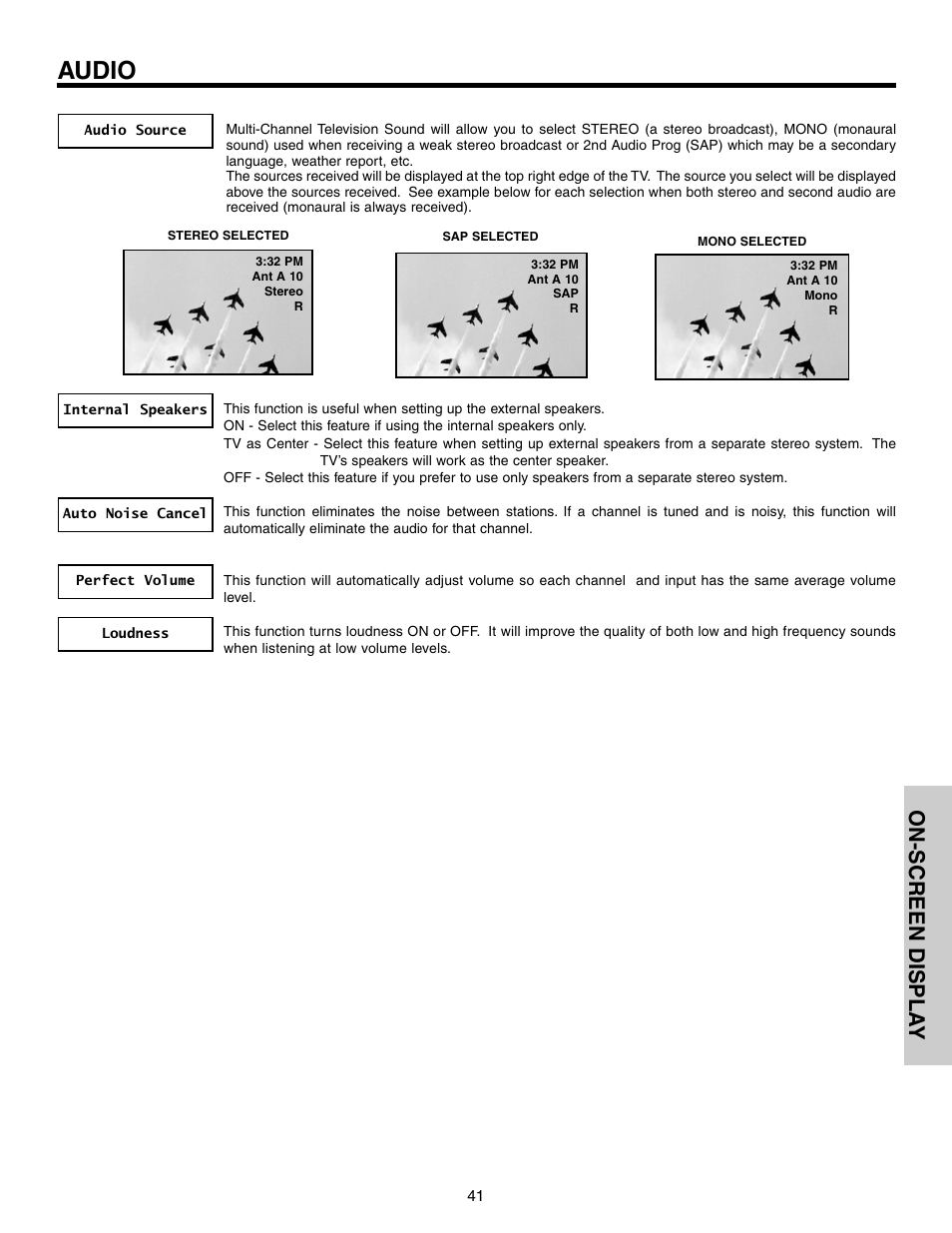 Audio, On-screen displa y | Hitachi 57F710 User Manual | Page 41 / 80