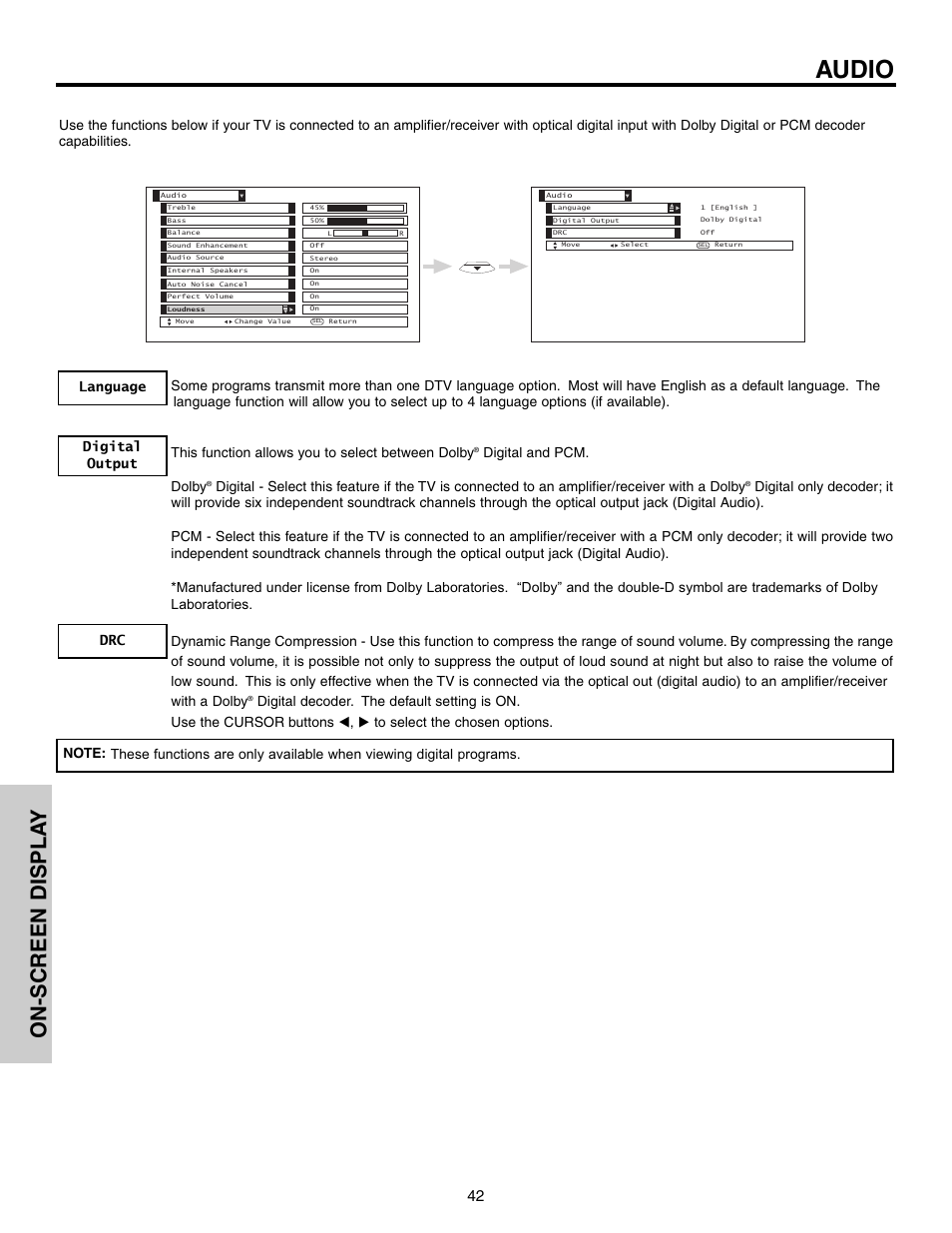 Audio, On-screen displa y, Digital and pcm. dolby | Hitachi 57F710 User Manual | Page 42 / 80