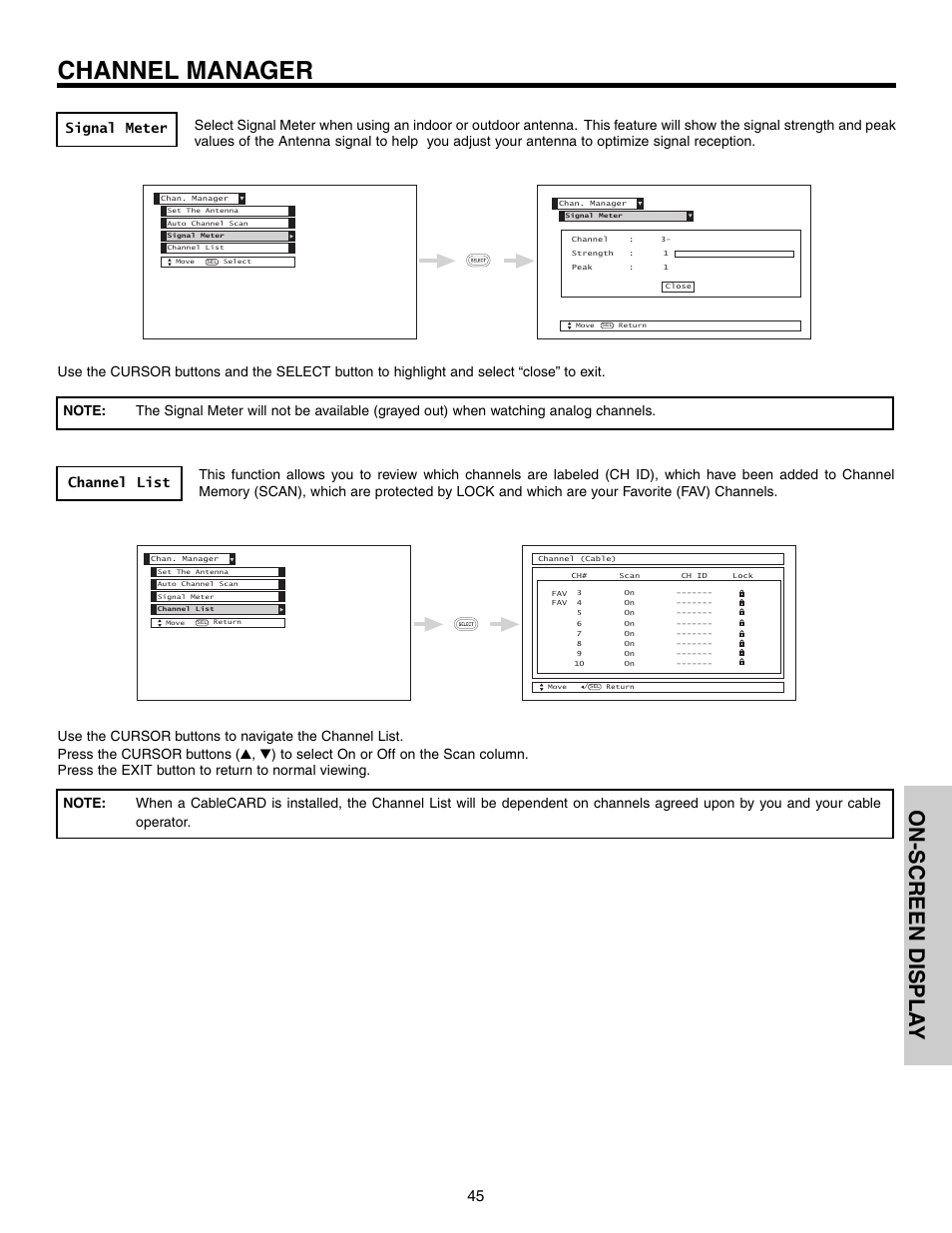 Channel manager, On-screen displa y | Hitachi 57F710 User Manual | Page 45 / 80