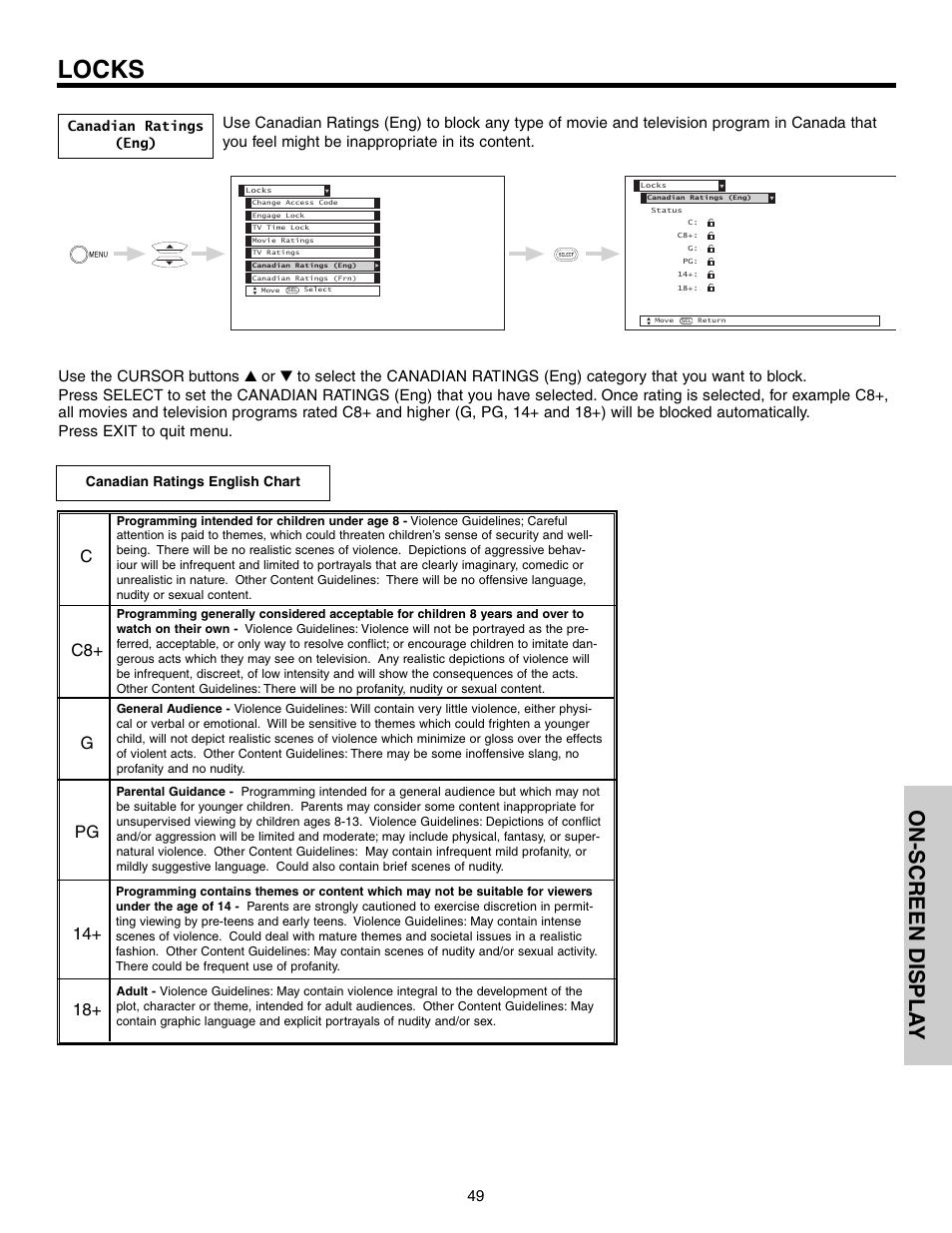 Locks, On-screen displa y | Hitachi 57F710 User Manual | Page 49 / 80