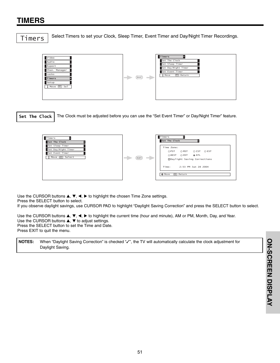 Timers, On-screen displa y, Set the clock | Hitachi 57F710 User Manual | Page 51 / 80