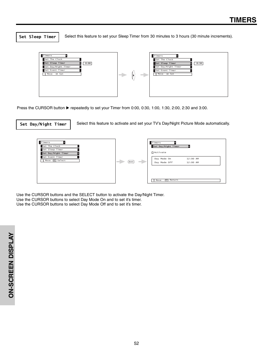 Timers, On-screen displa y | Hitachi 57F710 User Manual | Page 52 / 80