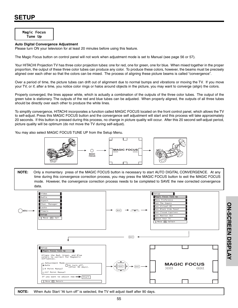Setup, On-screen displa y, Magic focus | Hitachi 57F710 User Manual | Page 55 / 80