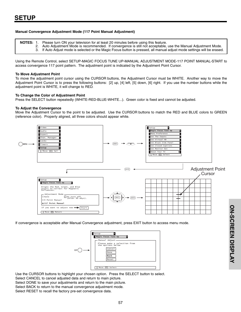 Setup, On-screen displa y, Adjustment point cursor | Hitachi 57F710 User Manual | Page 57 / 80