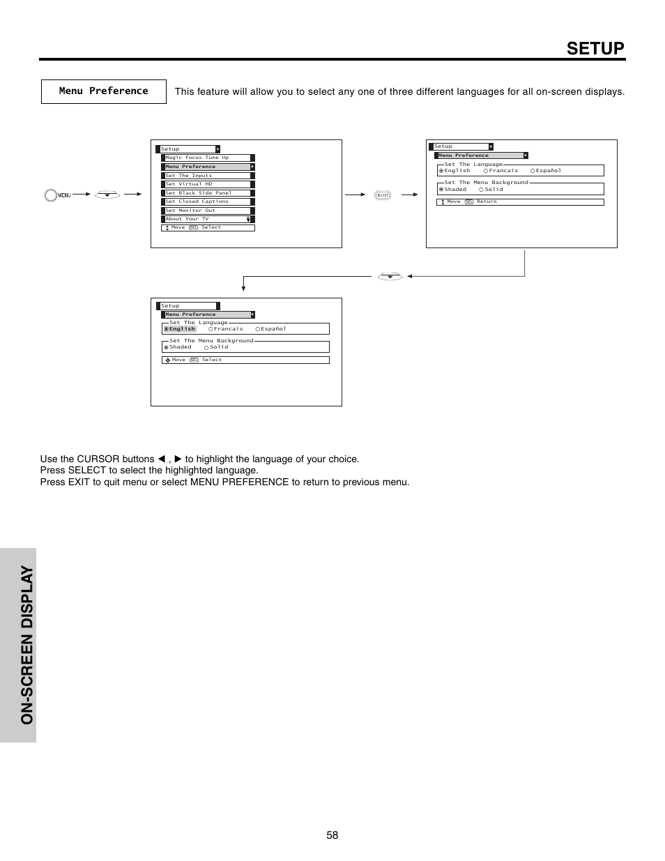 Setup, On-screen displa y | Hitachi 57F710 User Manual | Page 58 / 80